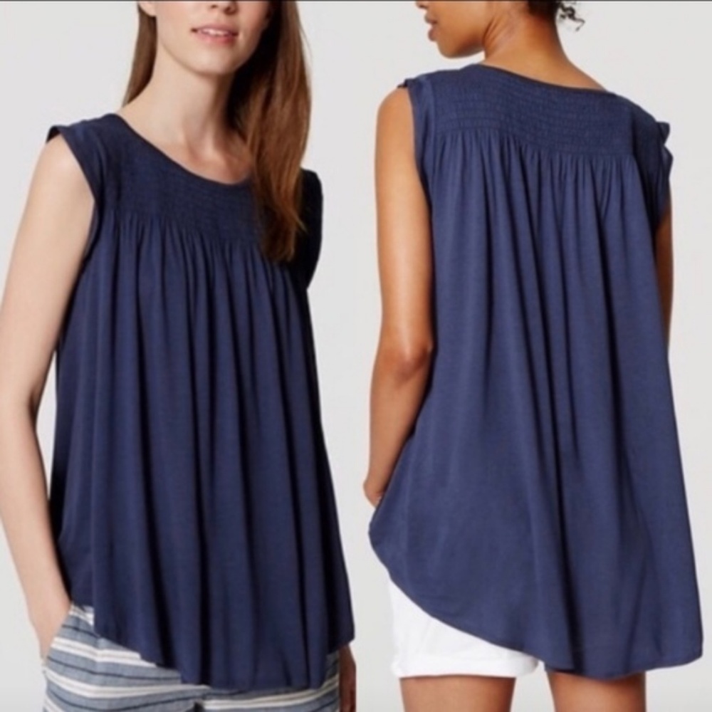 Loft‎ Womens Smocked Tunic Top Size S Petite Flutter Sleeve Blue Summer Boho